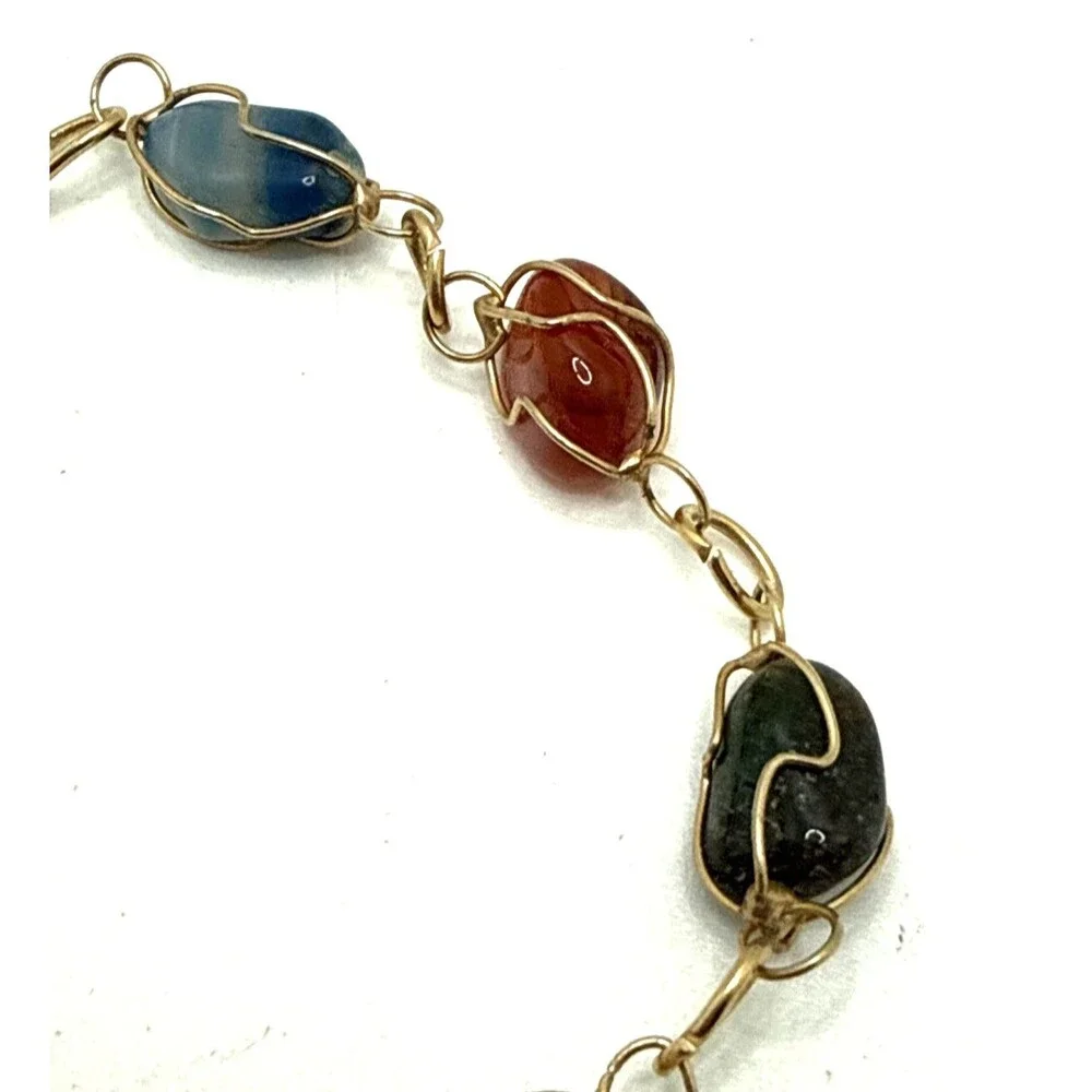 Vintage Wire Wrapped Natural Stone Bracelet Multicolor Cased Polished Boho 7.5